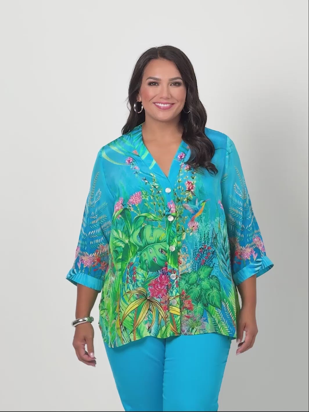 Sienna Print Button Thru Top - Aqua