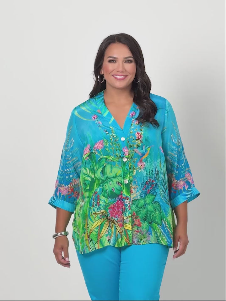 Sienna Print Button Thru Top - Aqua