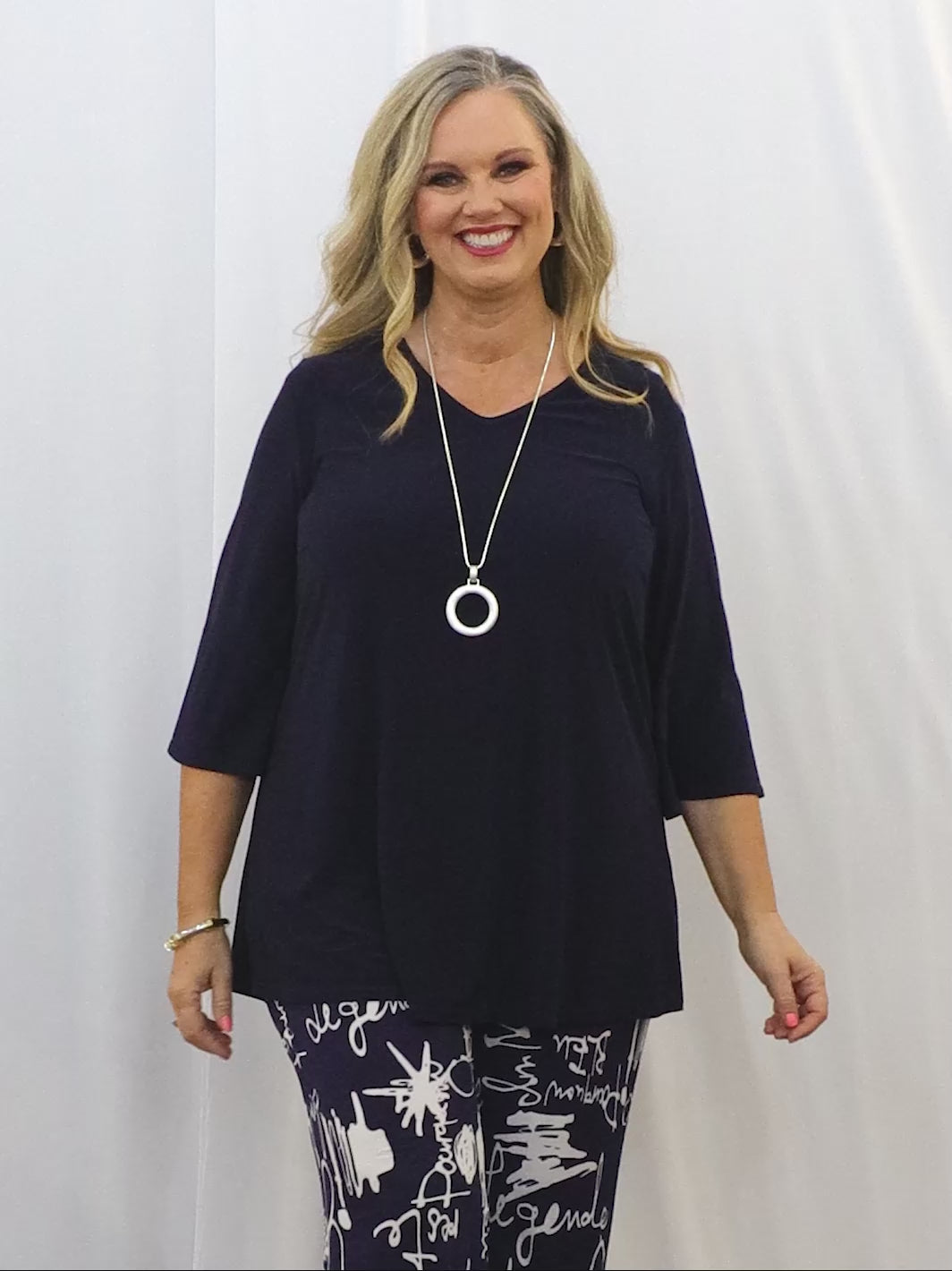 Navy Frill Sleeve V-Neck Jersey Top