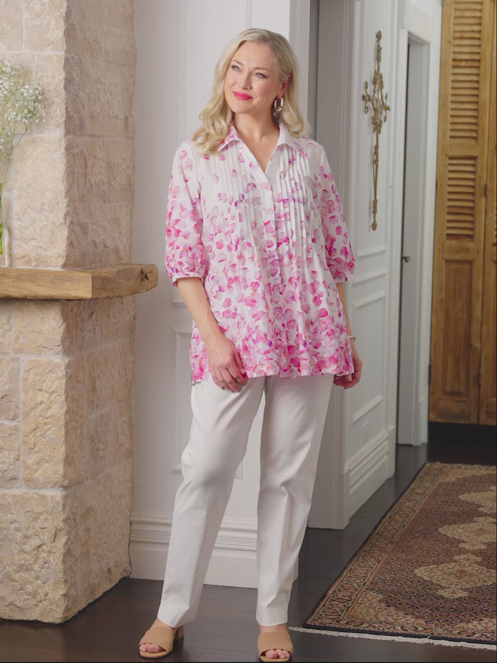 Collared Print Cotton Tuck Shirt - Falling Petals