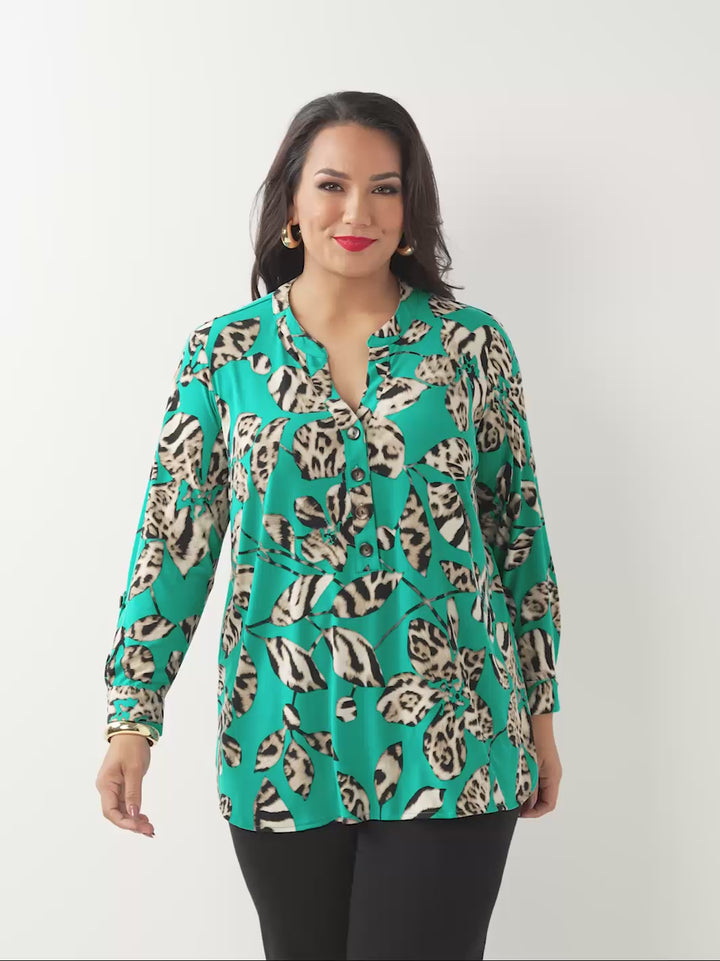 Placket Neck Printed Top - Leopard Leaves