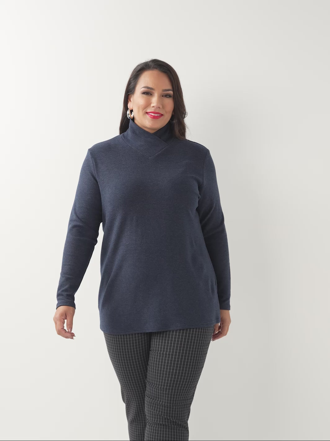 Warm Rib Cross Neck Knit Top - Navy