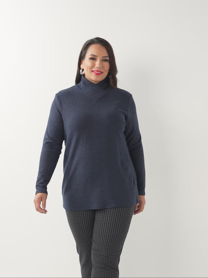 Warm Rib Cross Neck Knit Top - Navy