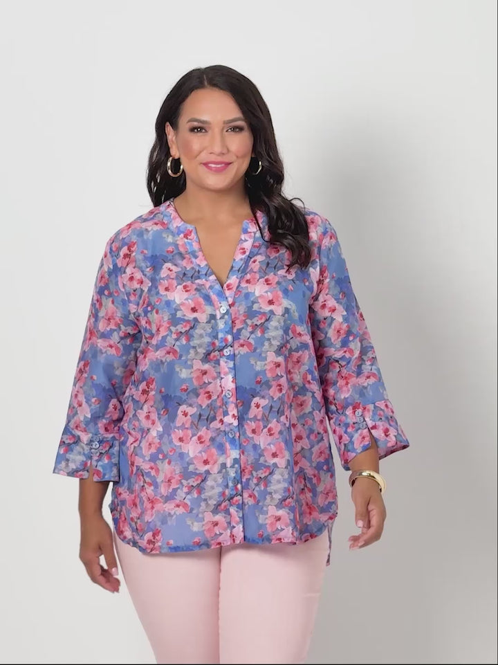 V-Insert Button Thru Print Cotton Shirt - Cherry Blossom