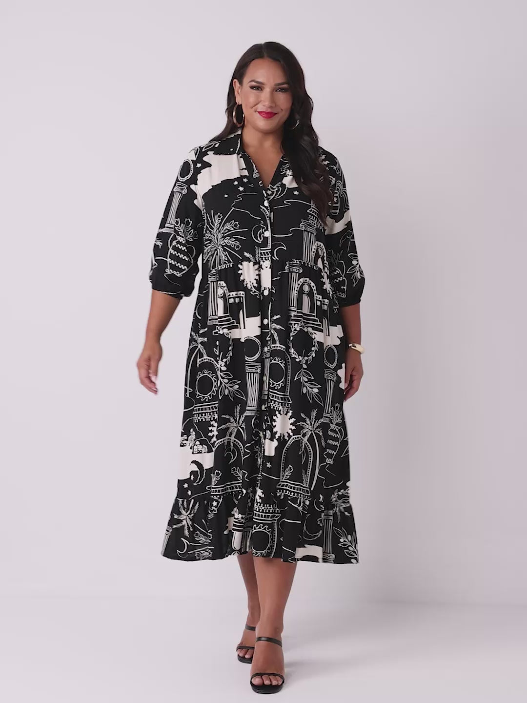 Printed Button Through Midi Dress - Roman Era
