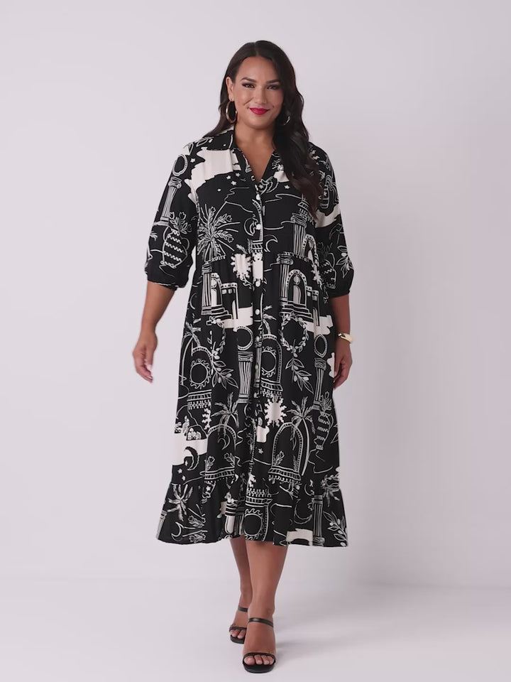 Printed Button Through Midi Dress - Roman Era