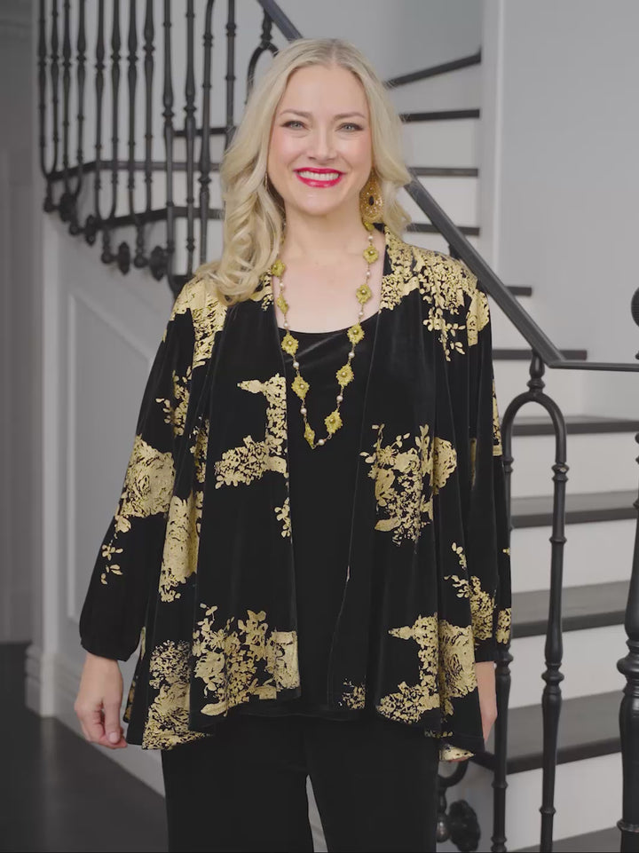 Waterfall Front Velvet Evening Jacket - Gold Leaf