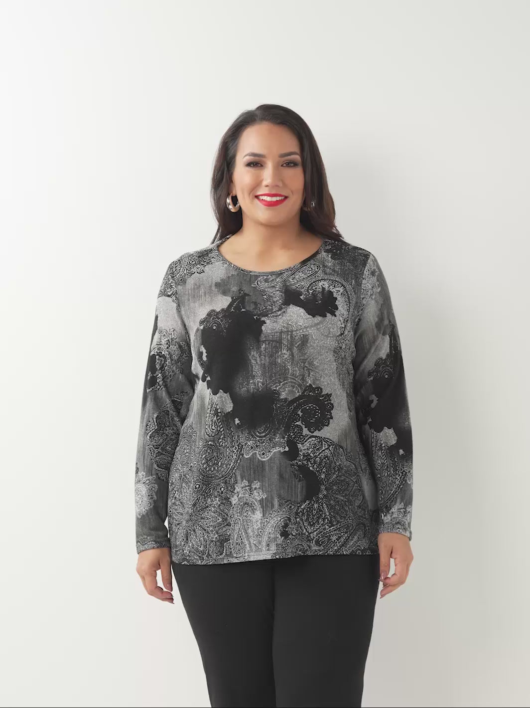 Printed Long Sleeve Basic Top - Overcast