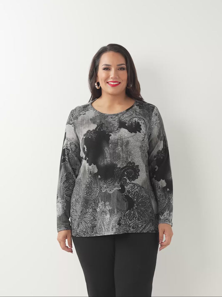 Printed Long Sleeve Basic Top - Overcast
