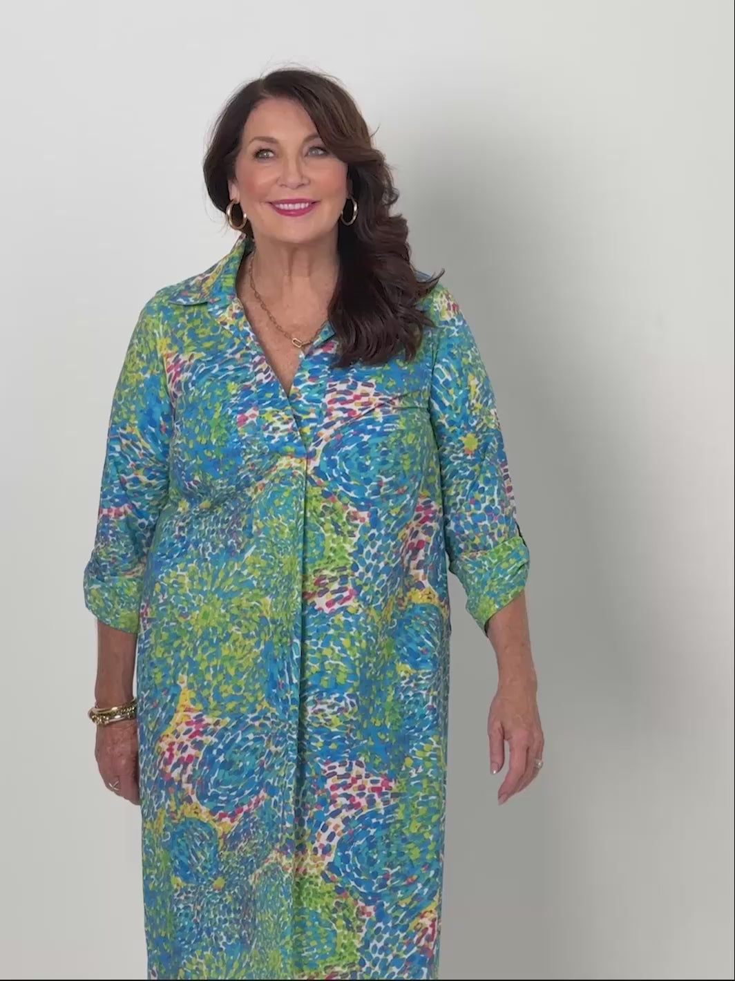 Tab Sleeve Invert Cotton Print Dress - Blue Monet