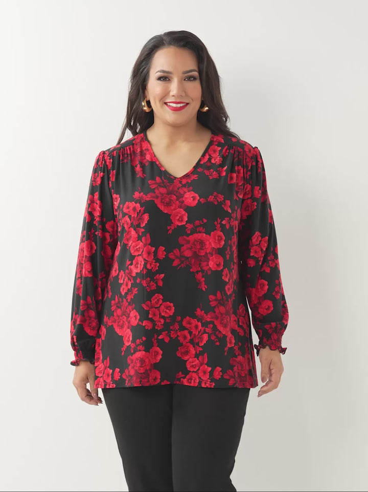 Shirred Cuff Stretch Top - Rose Garden