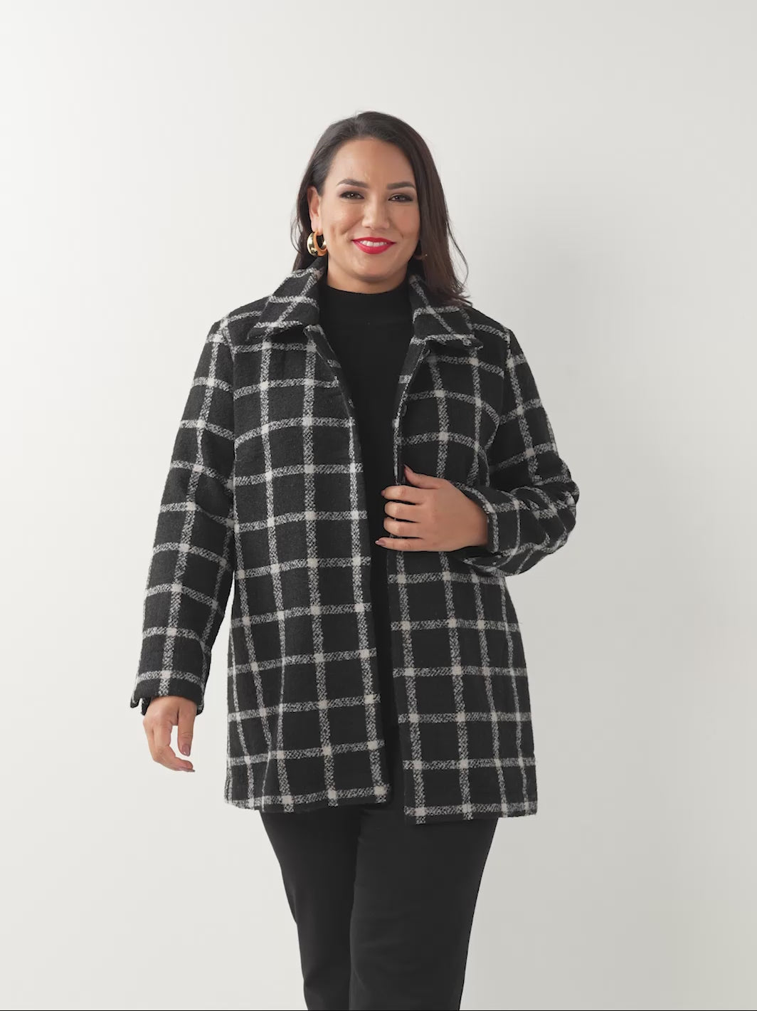 Square Check Wool Coat - Black Check