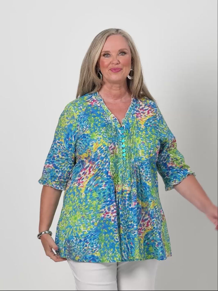 Ruffle Trim Tucked Cotton Top - Blue Monet