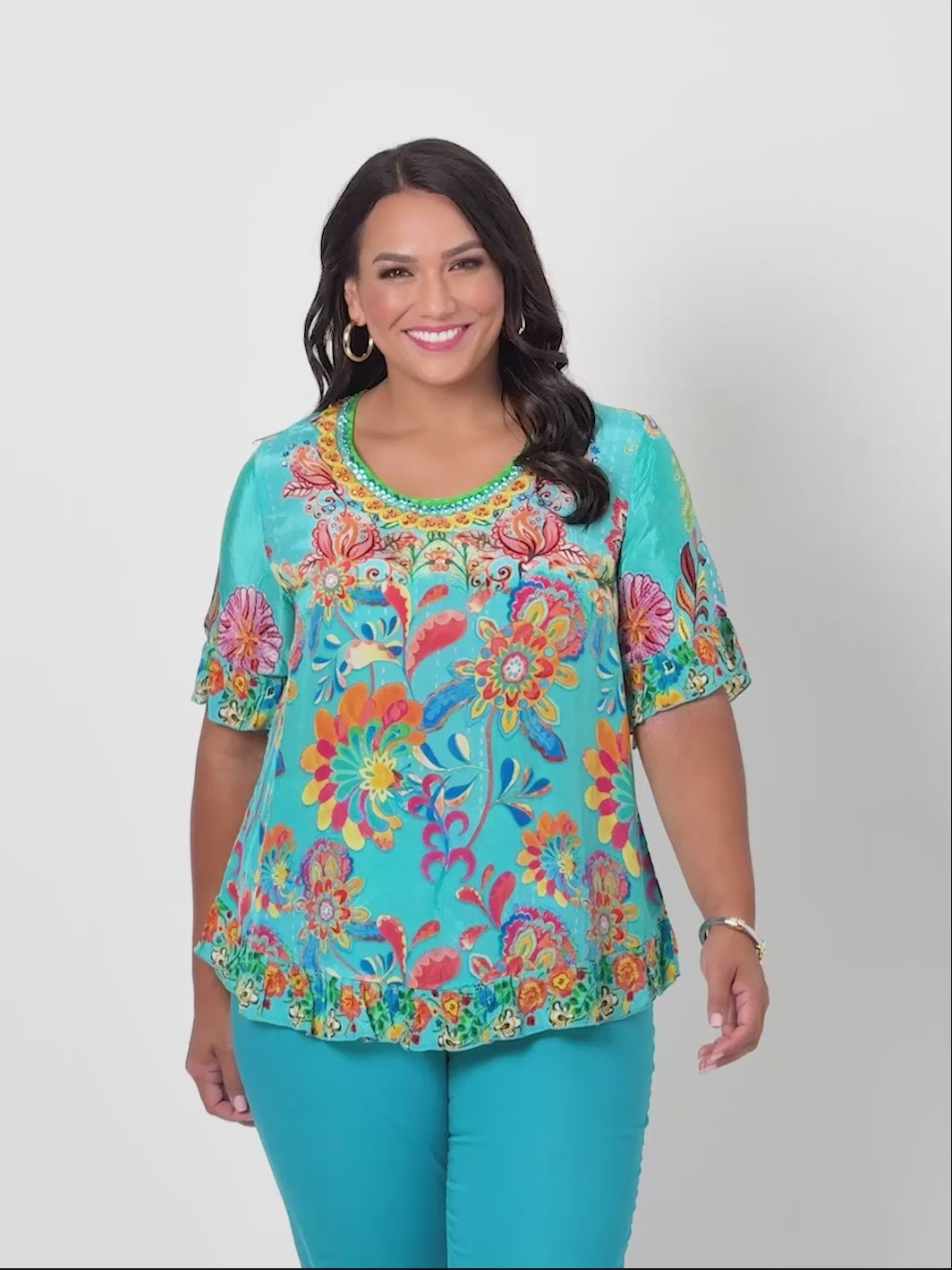 Remi Print Ruffle Trim Top - Aqua