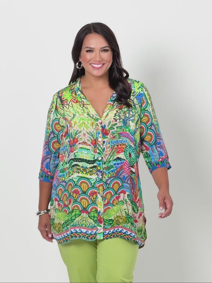 Lisa Print V-Neck Collarless Shirt