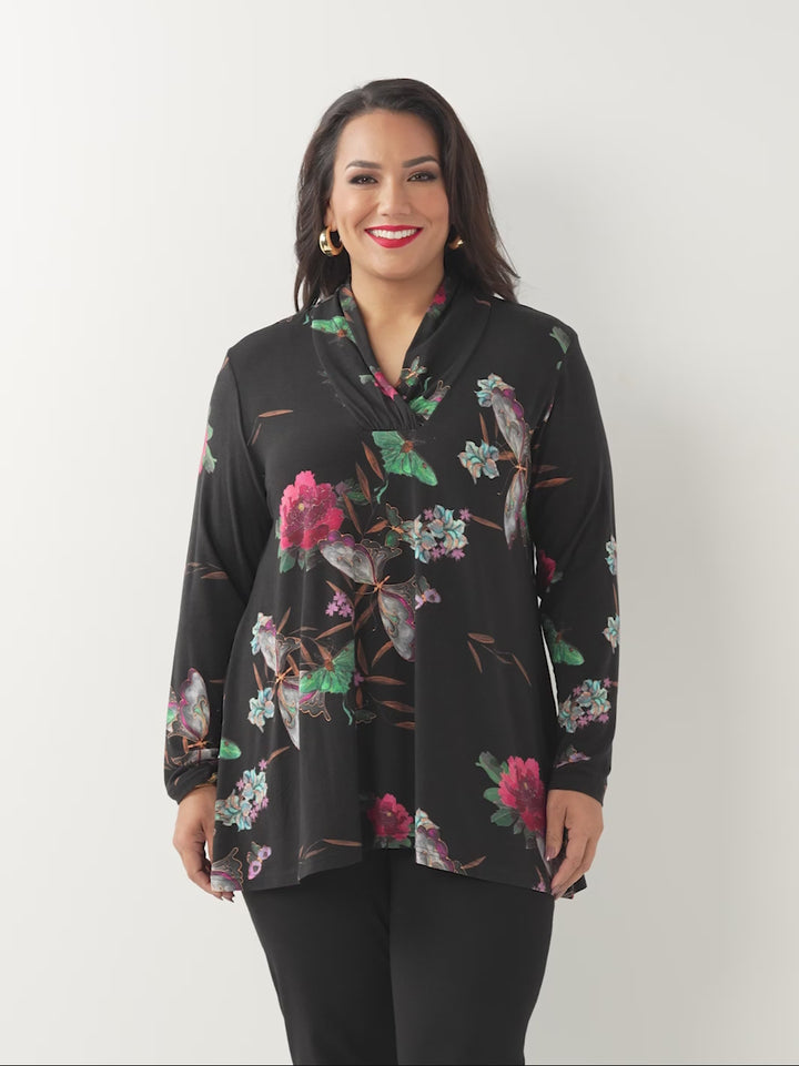 Gathered Neck Printed Top - Butterfly Gardens