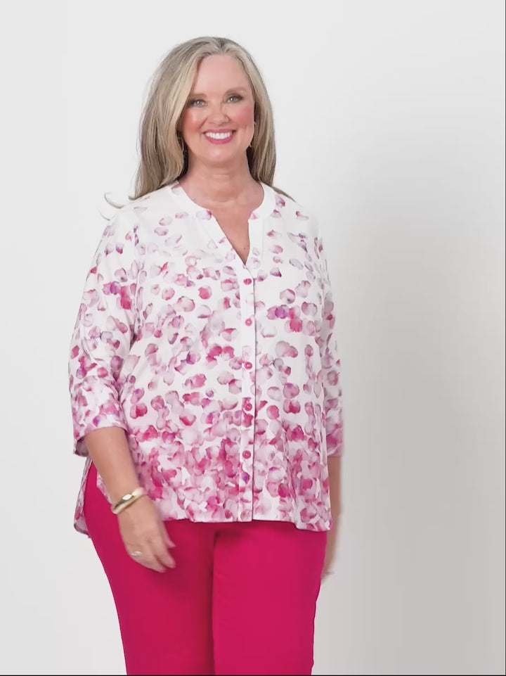 V-Insert Button Thru Print Cotton Shirt - Falling Petals