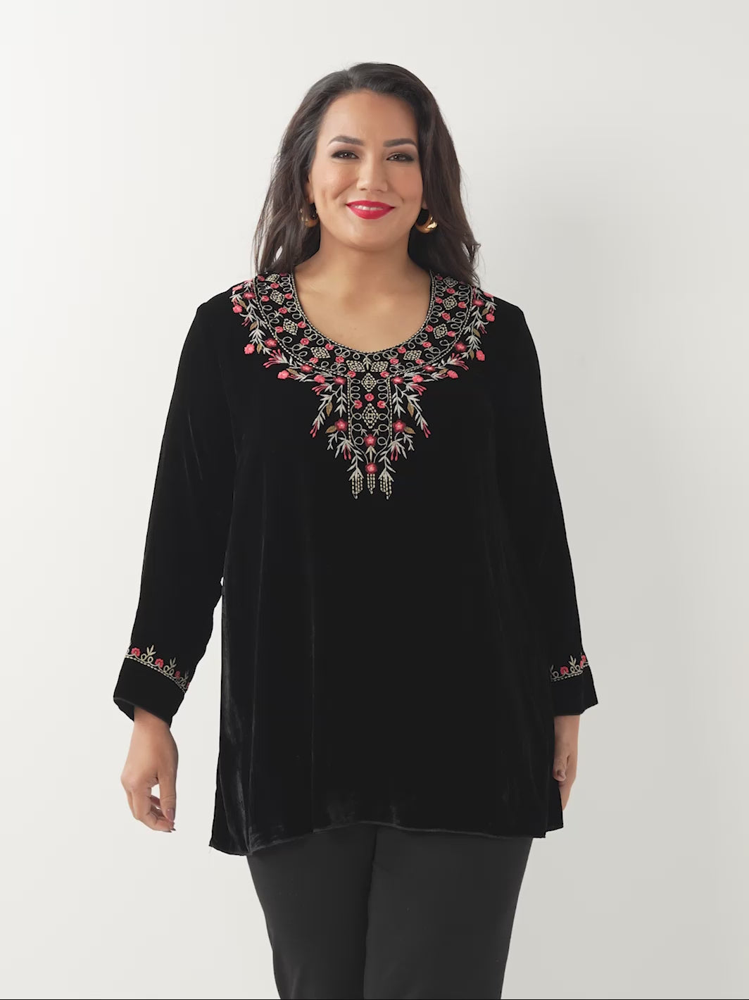 Silk Velvet Embroidered Top - Black