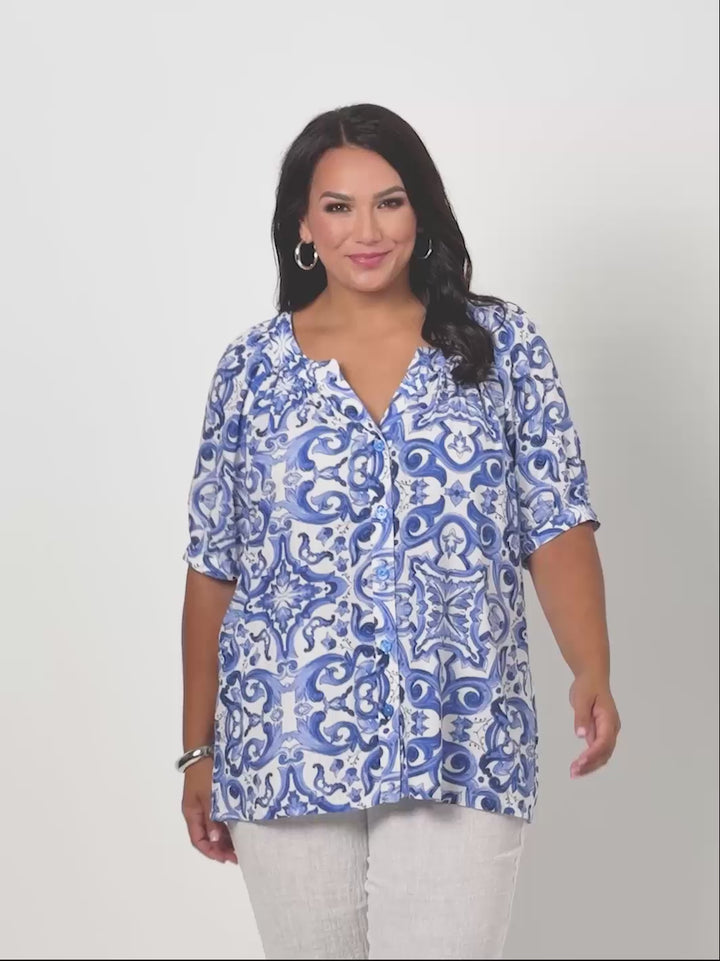 Button Thru Top - Blue Wedgewood