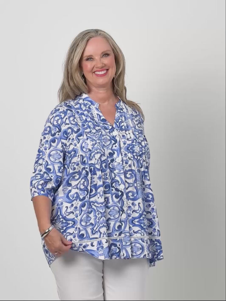 Nehru Collar Tucked Rayon Shirt - Blue Wedgewood