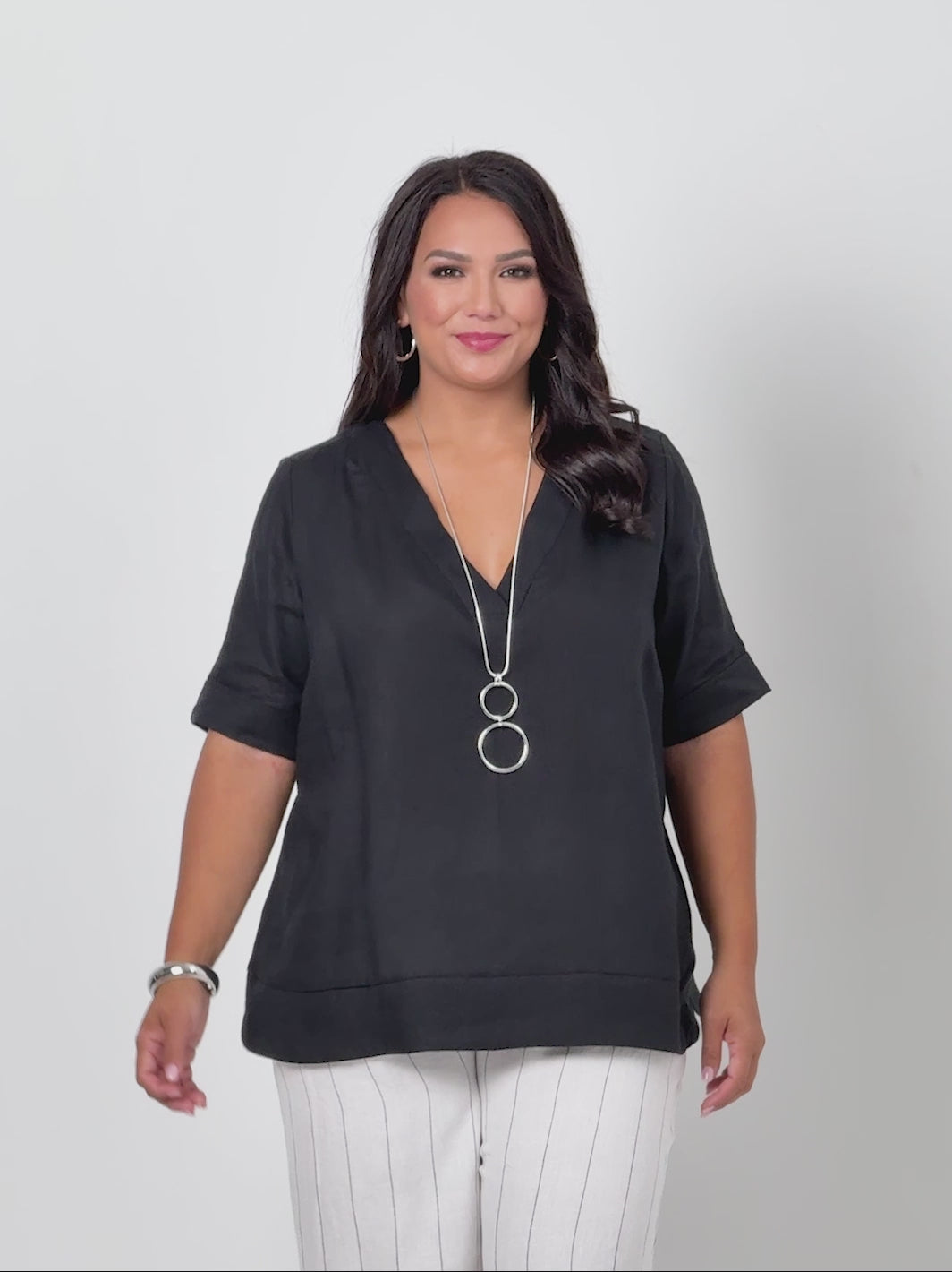 V-Neck Linen Top - Black