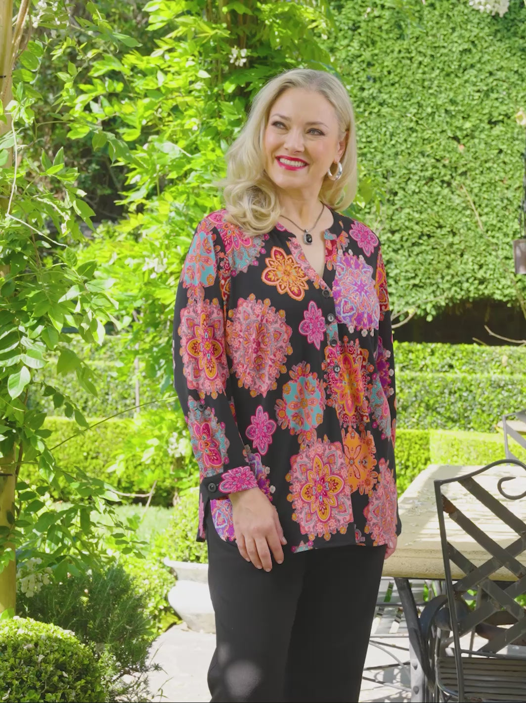 Placket Neck Printed Jeresey Top - Magic Medallions