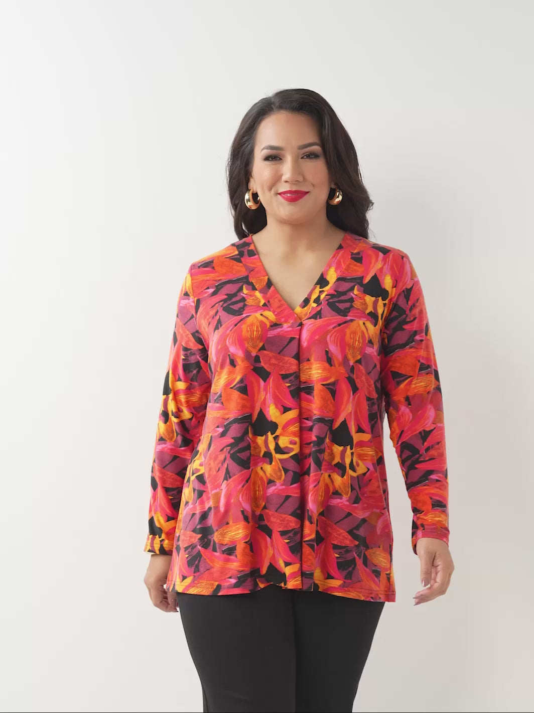 Printed V-Neck Band Top - Flamboyant