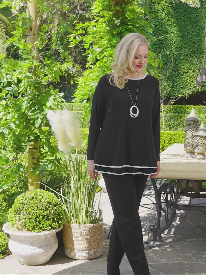 Long Sleeve Contrast Trim Top - Black/White