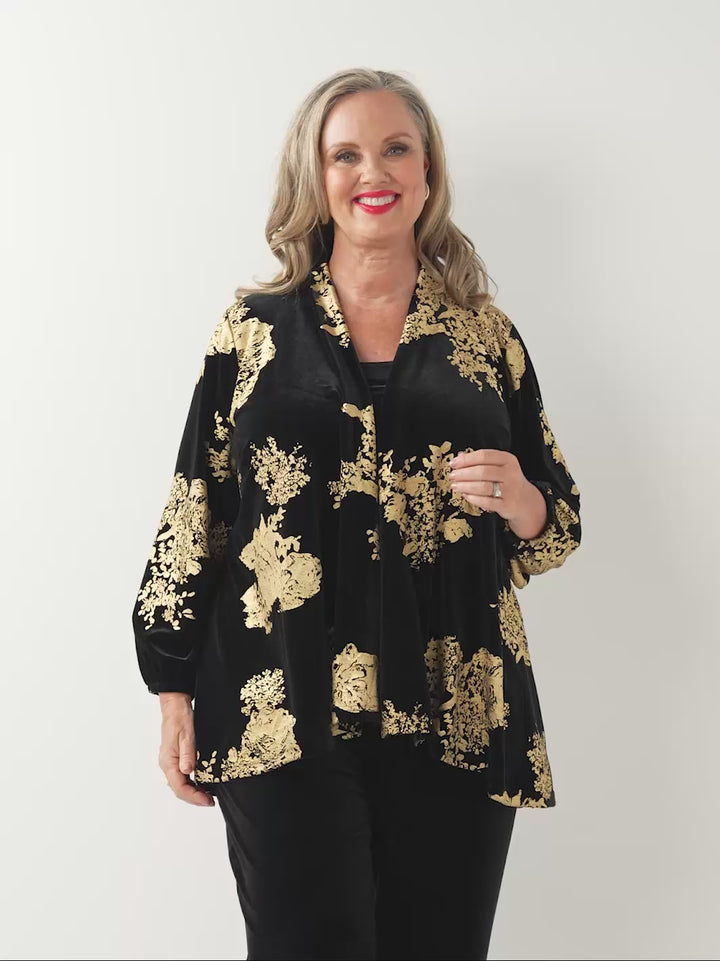 Waterfall Front Velvet Evening Jacket - Gold Leaf