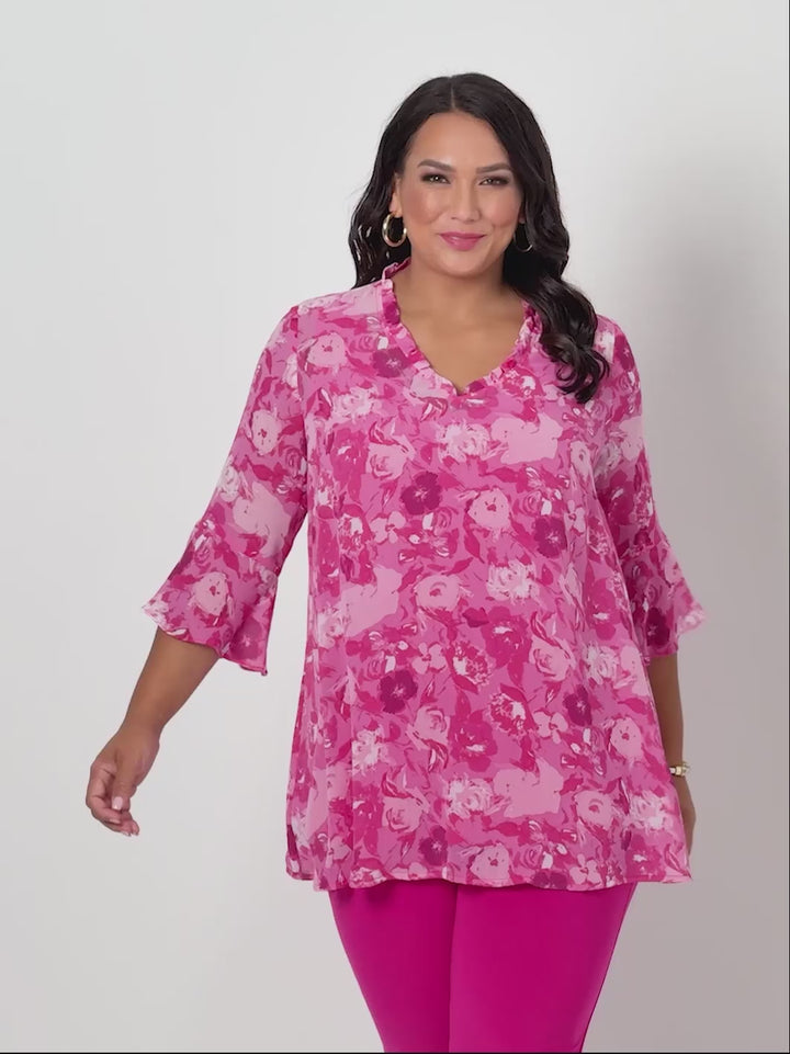 V-Neck Frill Georgette Top and Cami Set- Pink Romance