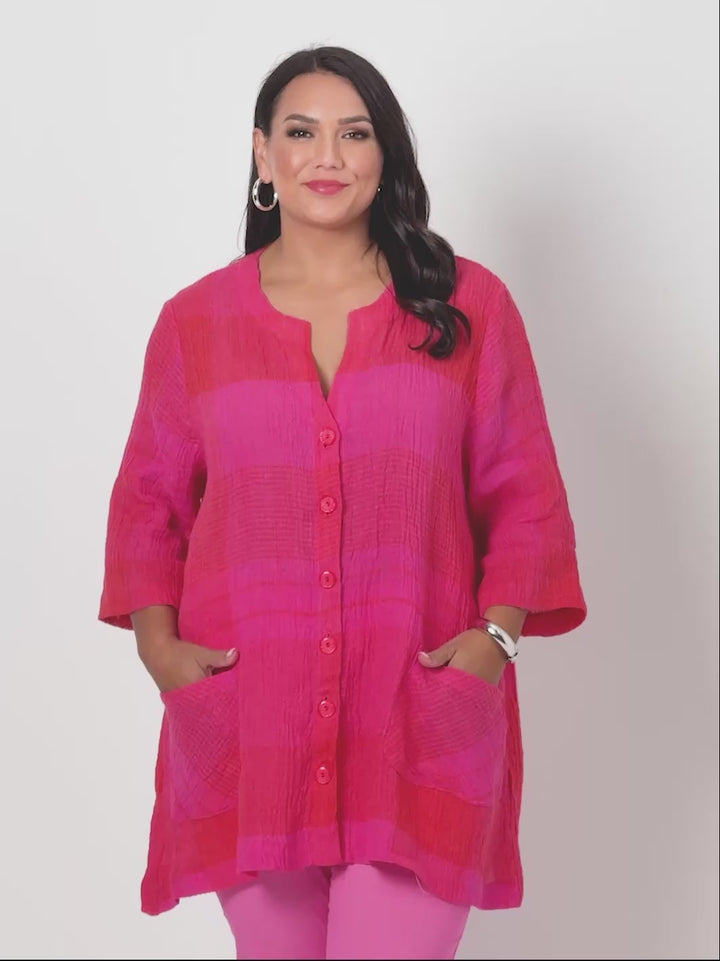 Crinkle Check Linen Jacket - Hot Pink