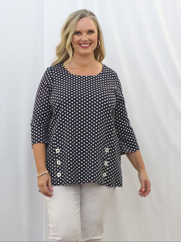 Indigo Pique Spot Button Top