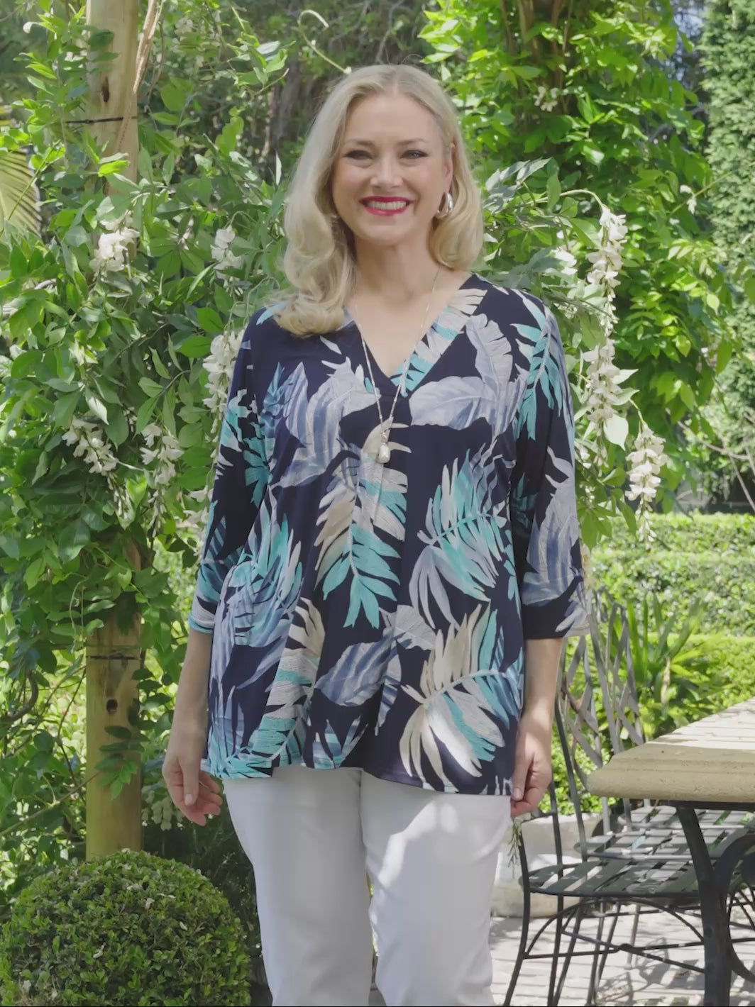 V-Neck Band Invert Print Jersey Top - Caribbean