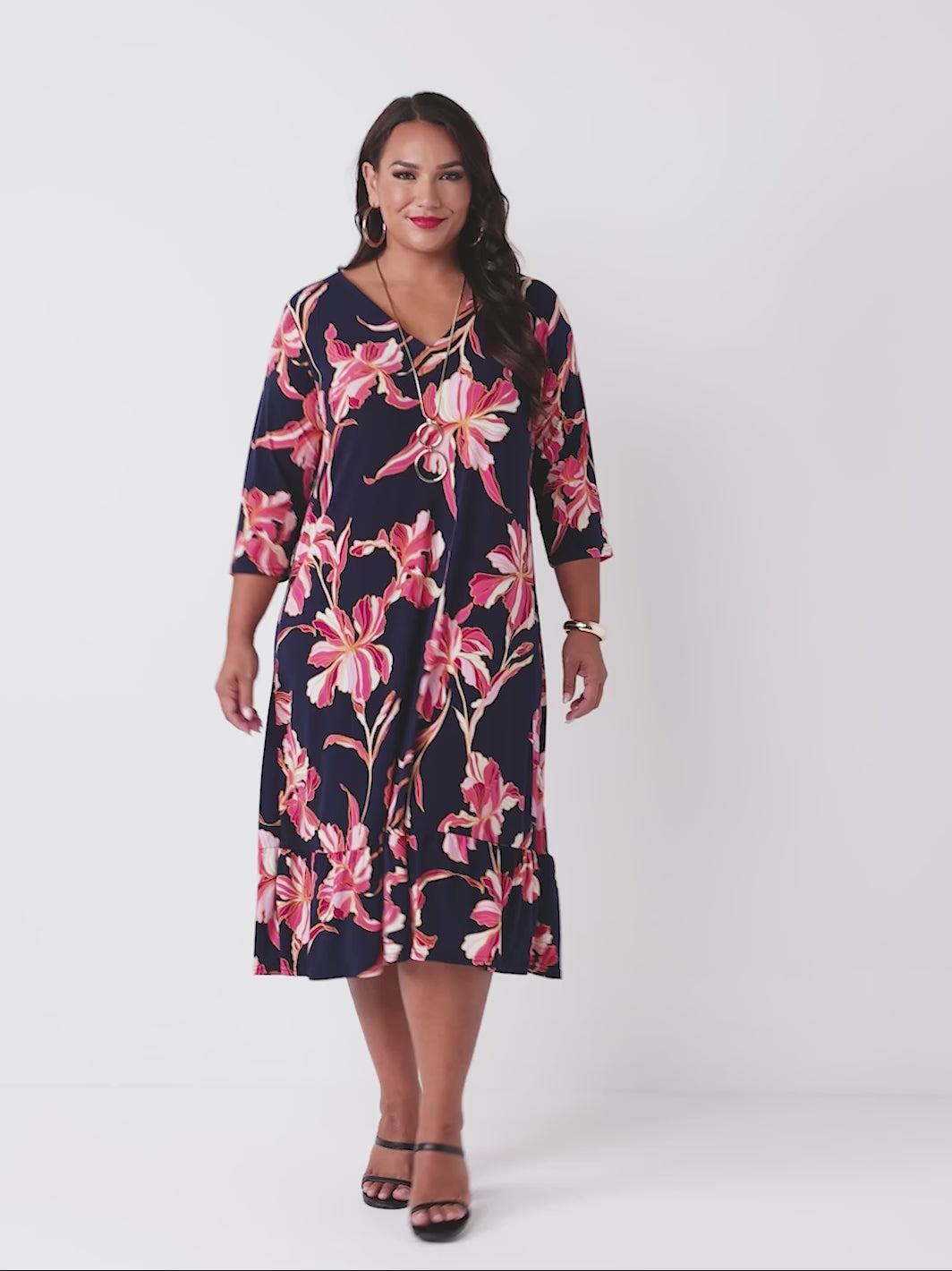 V-Neck Printed Jersey Midi Dress - Abstract Flowers
