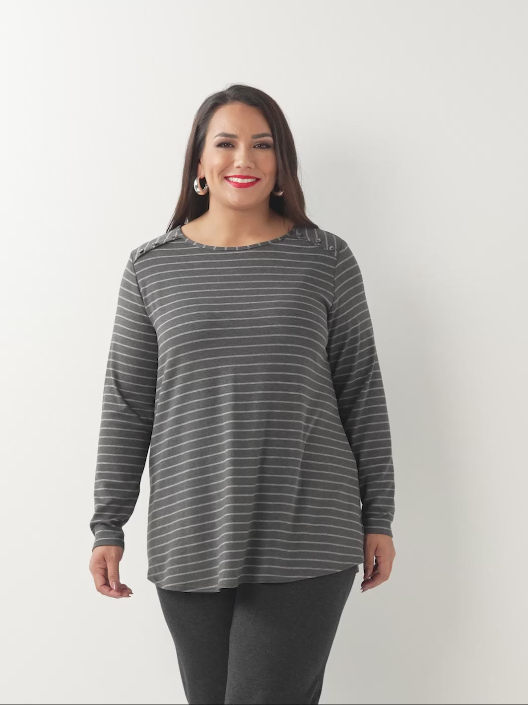 Button Shoulder Stripe Tee - Slate