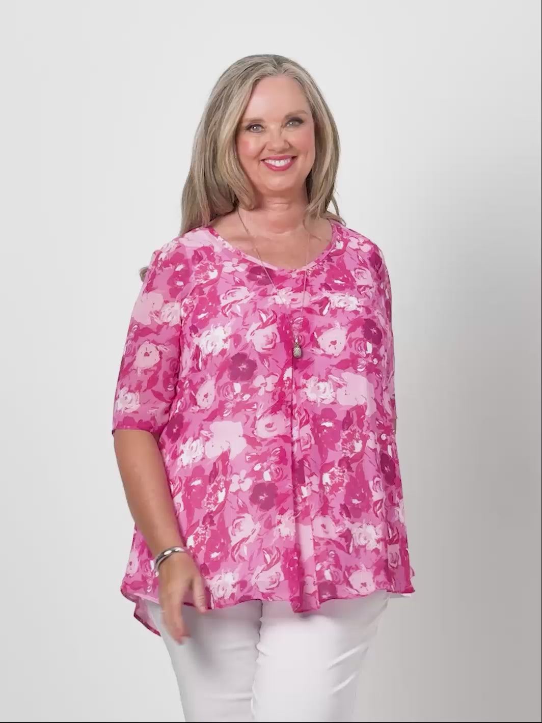 V-Neck Invert Print Top - Pink Romance