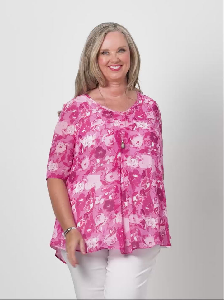 V-Neck Invert Print Top - Pink Romance