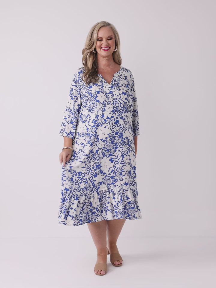 Frill Hem Printed Rayon Midi Dress - Blue Paradise