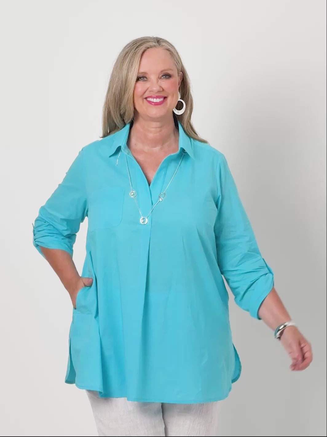 Plain Collared Cotton Top  - Aqua