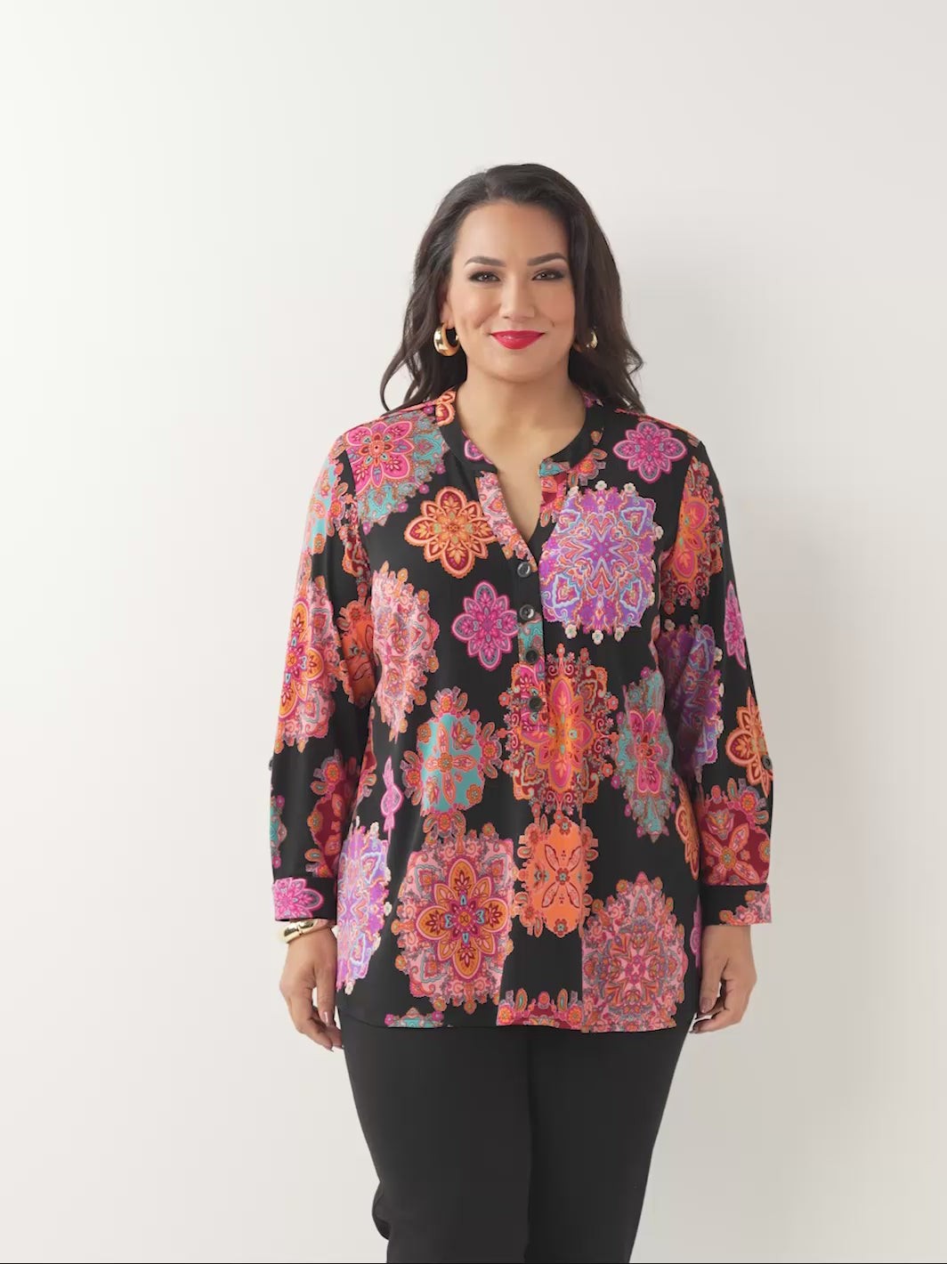 Placket Neck Printed Jeresey Top - Magic Medallions