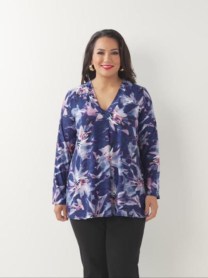 Printed V-Neck Band Top - Iris Blooms