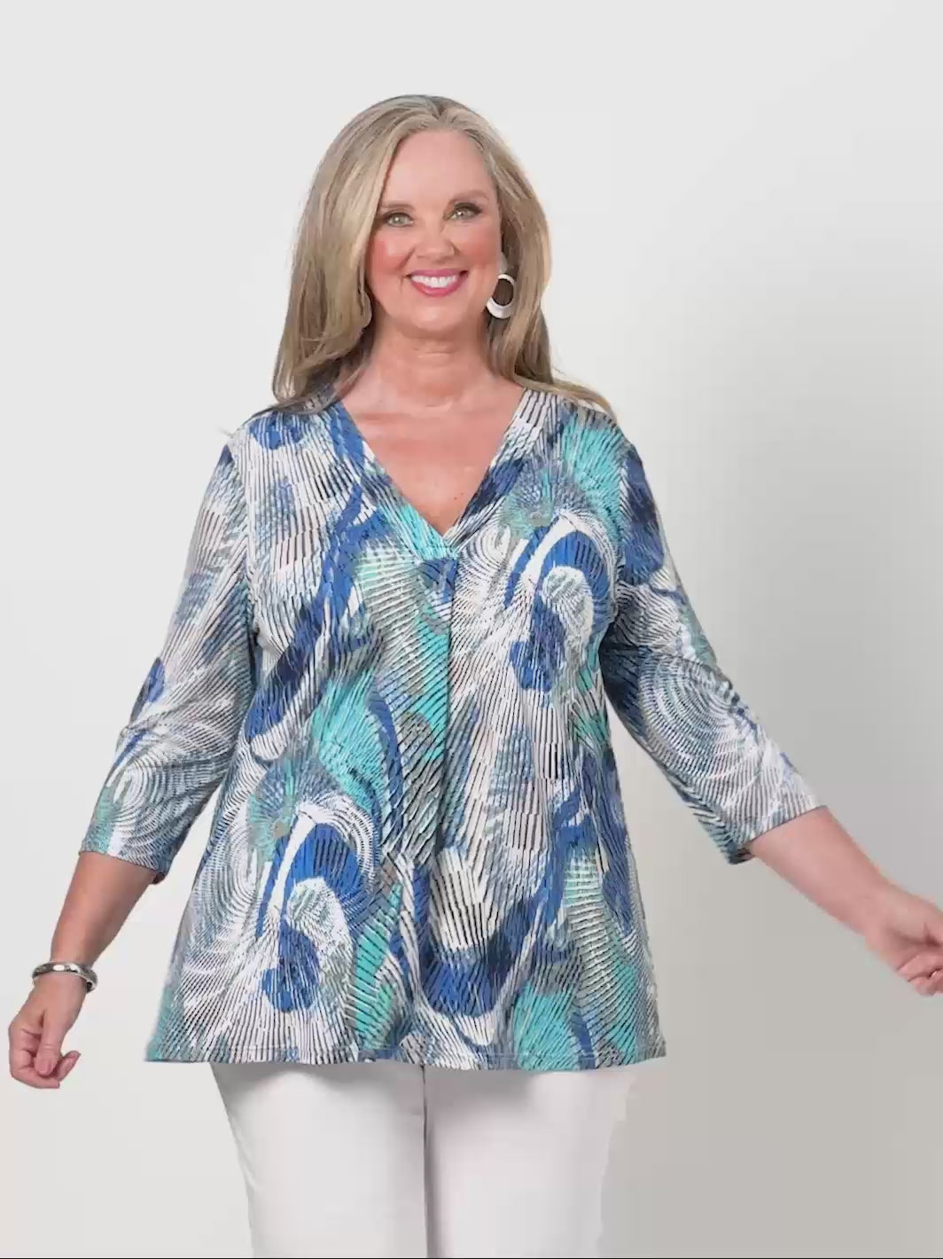 V-Neck Band Invert Print Jersey Top - Pacific Blue