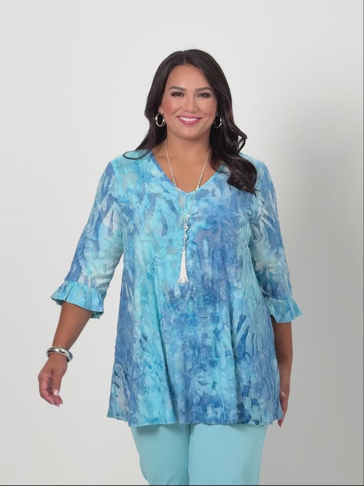 V-Neck Frill Sleeve Swing Burnout Knit Top - Blue Skies