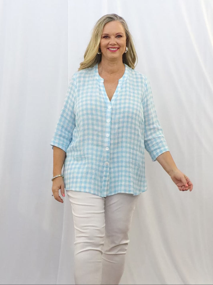 Aqua Gingham Crinkle Linen Shirt