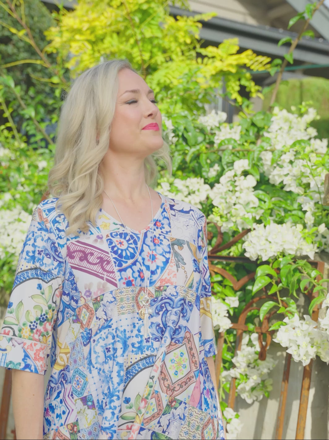 V-Neck Swing Jersey Top - Moroccan Tiles