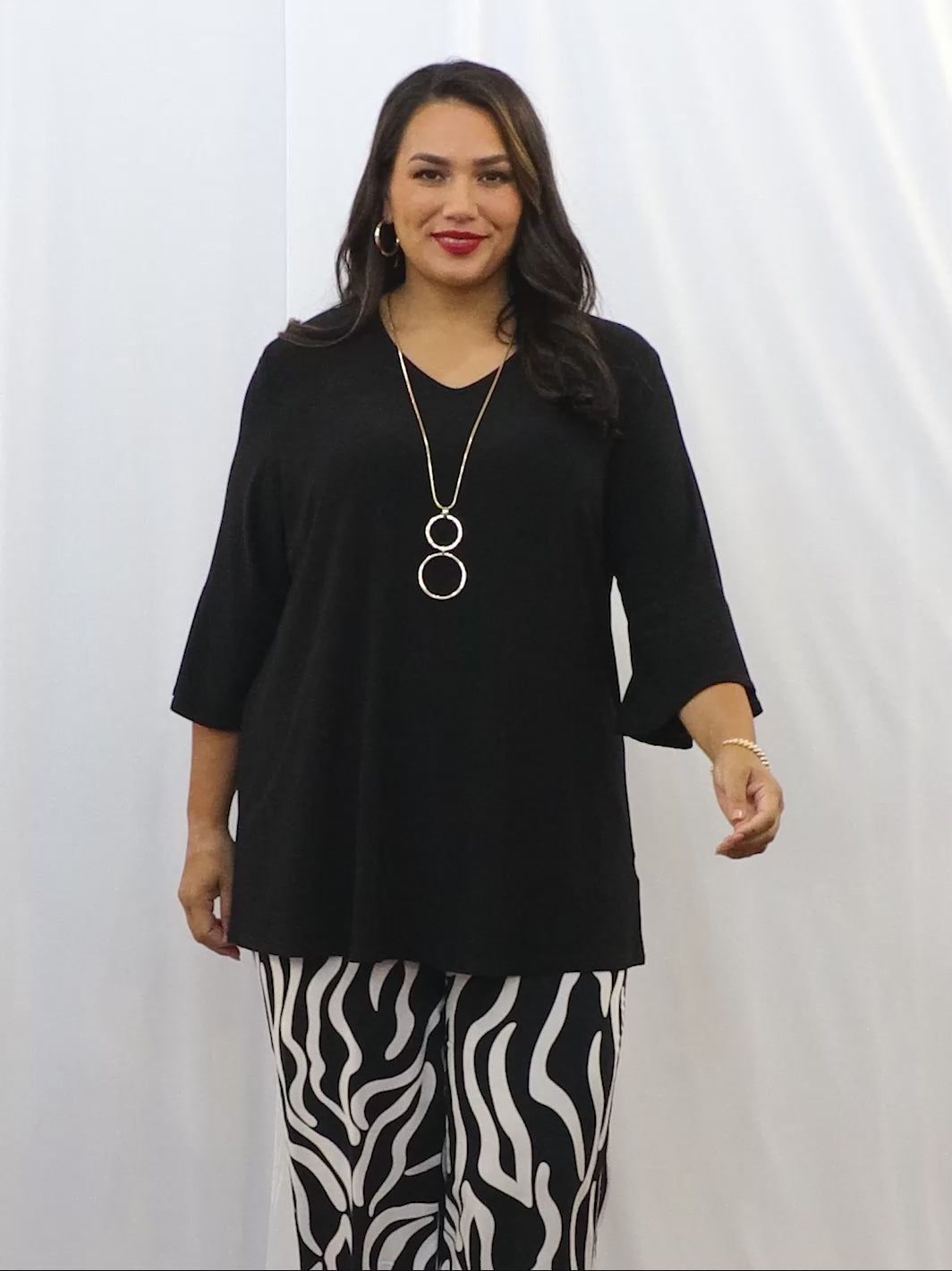 Black Frill Sleeve V-Neck Jersey Top