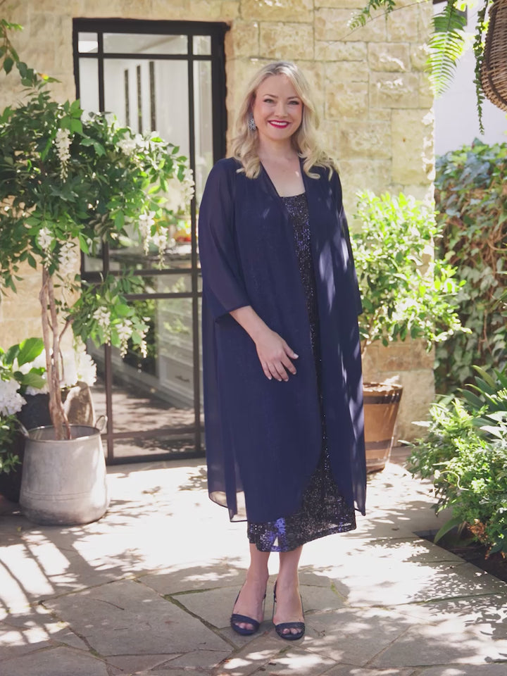 Sheer Longline Georgette Evening Jacket - Navy