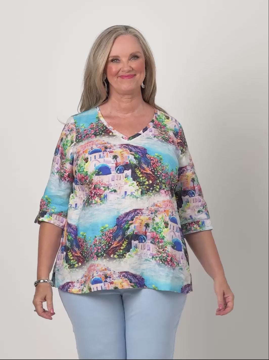 V-Neck Linen Top - Aegean Sea