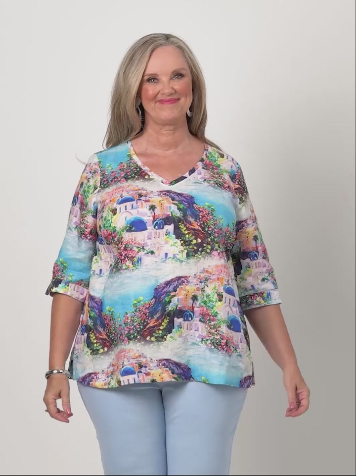 V-Neck Linen Top - Aegean Sea