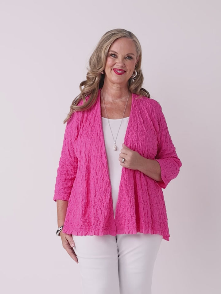 Open Front Seersucker Knit Jacket - Fuchsia